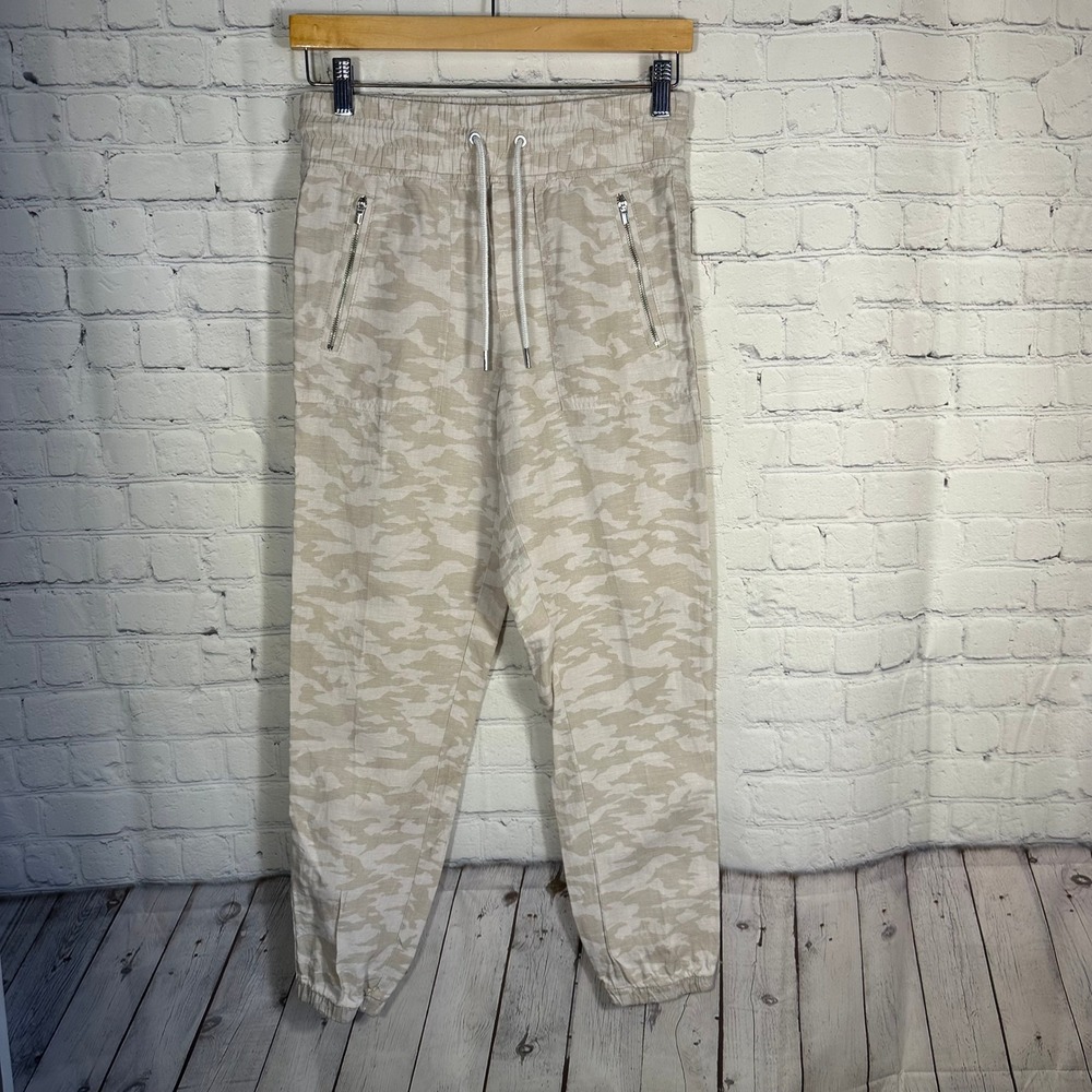 Athleta Cabo Tide Linen Jogger Pants Beige Camo Size 2 Drawstring Zipper Pockets